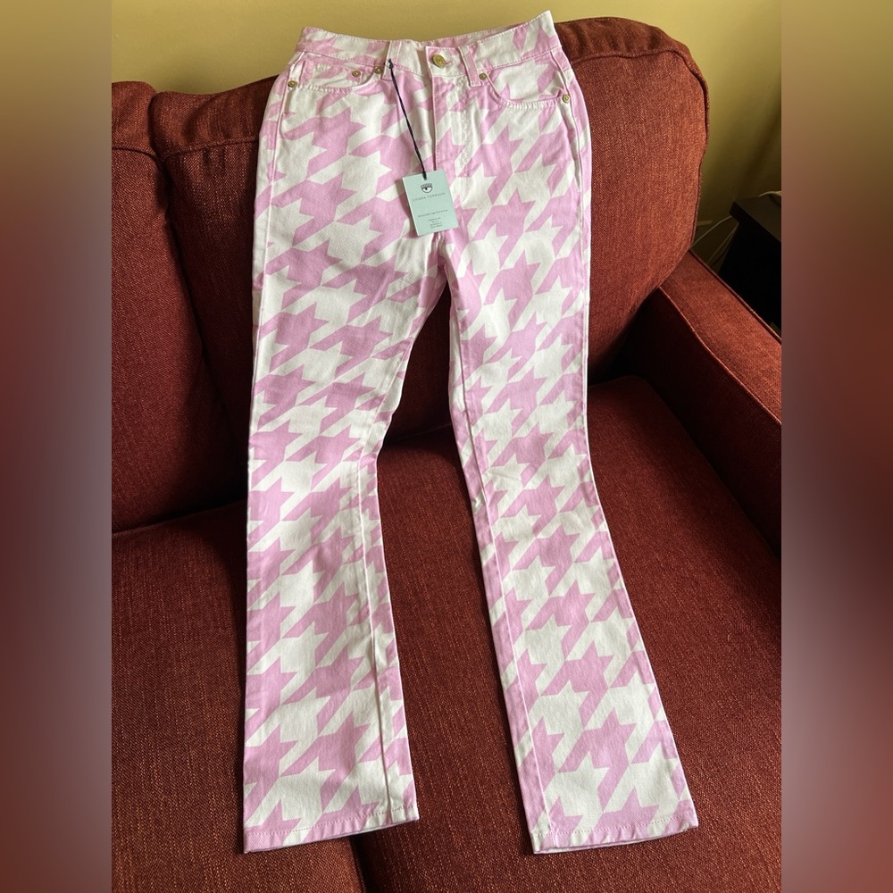 Chiara Ferragni Pink and White Houndstooth Straight Leg Jeans
